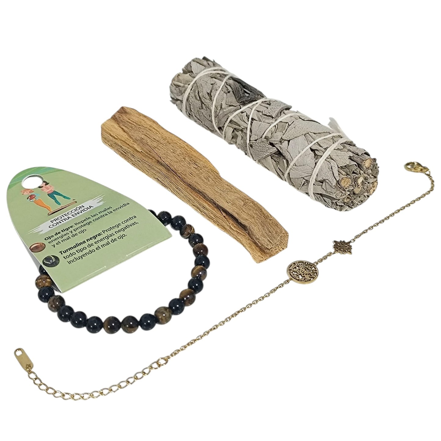 Kit Proteccion Contra Envidias ( Una Pulsera Proteccion Contra Envidia, 1 Palo Santo,1 Atado Salvia Y Pulsera Doble Proteccion ) TODOMINERAL