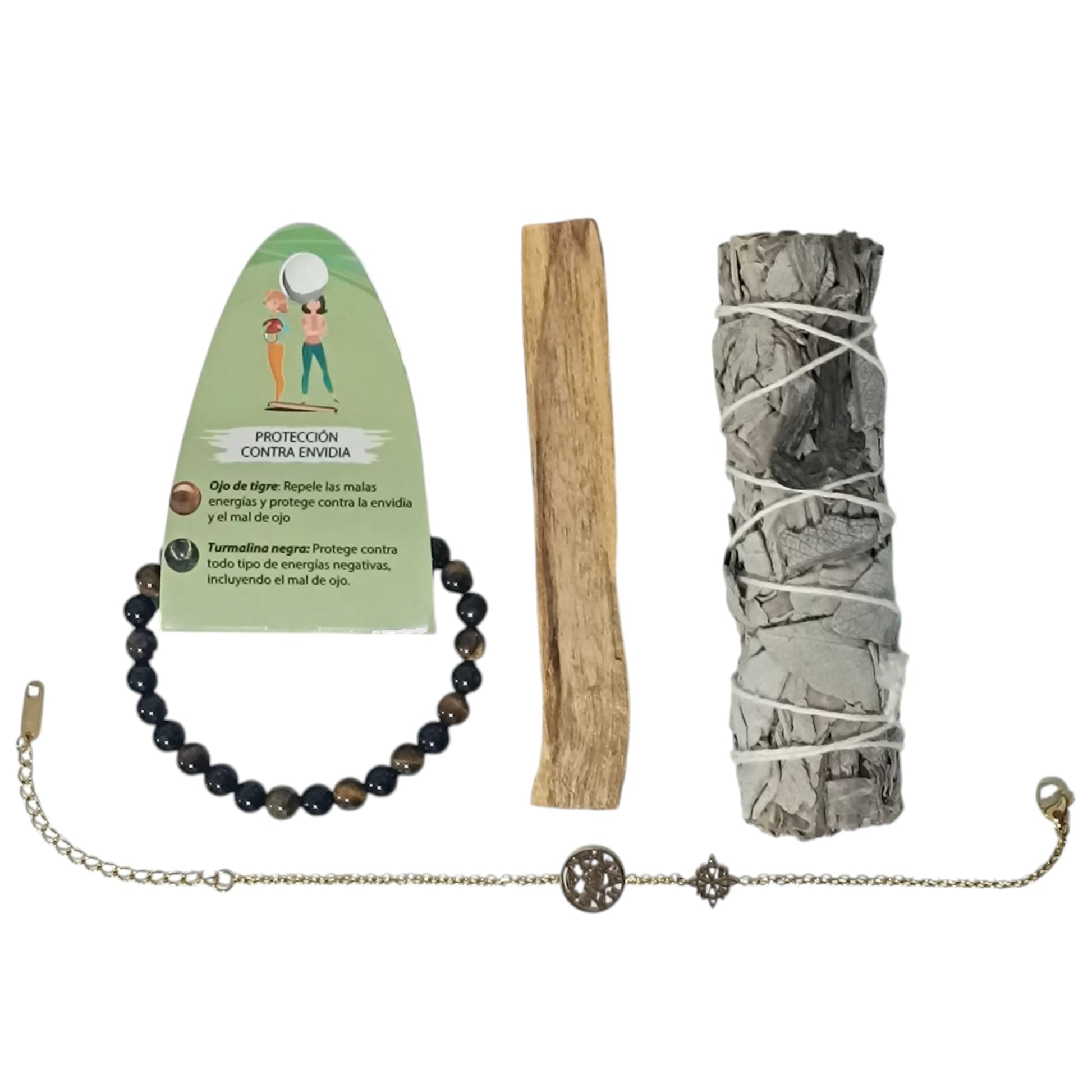 Kit Proteccion Contra Envidias ( Una Pulsera Proteccion Contra Envidia, 1 Palo Santo,1 Atado Salvia Y Pulsera Doble Proteccion ) TODOMINERAL