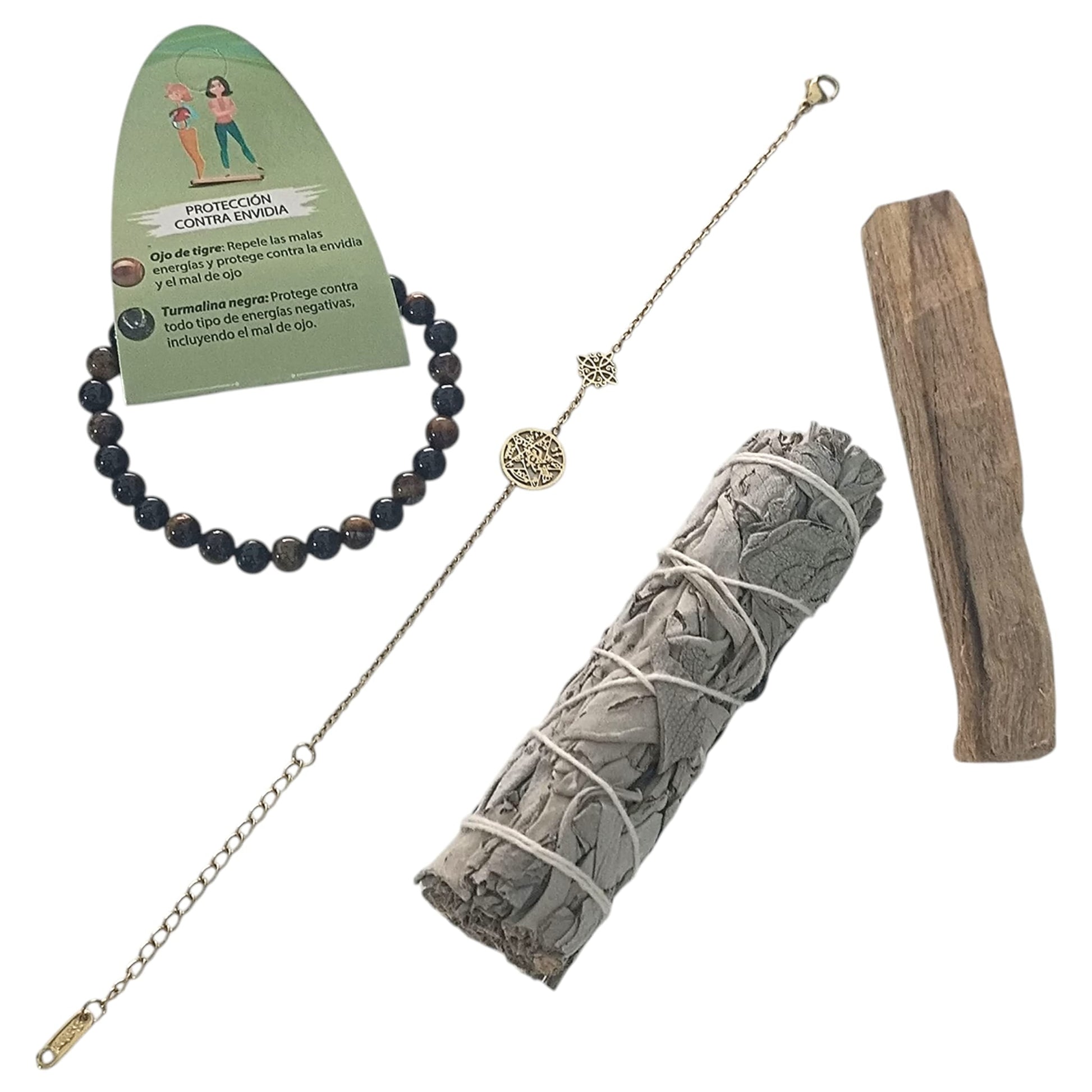 Kit Proteccion Contra Envidias ( Una Pulsera Proteccion Contra Envidia, 1 Palo Santo,1 Atado Salvia Y Pulsera Doble Proteccion ) TODOMINERAL
