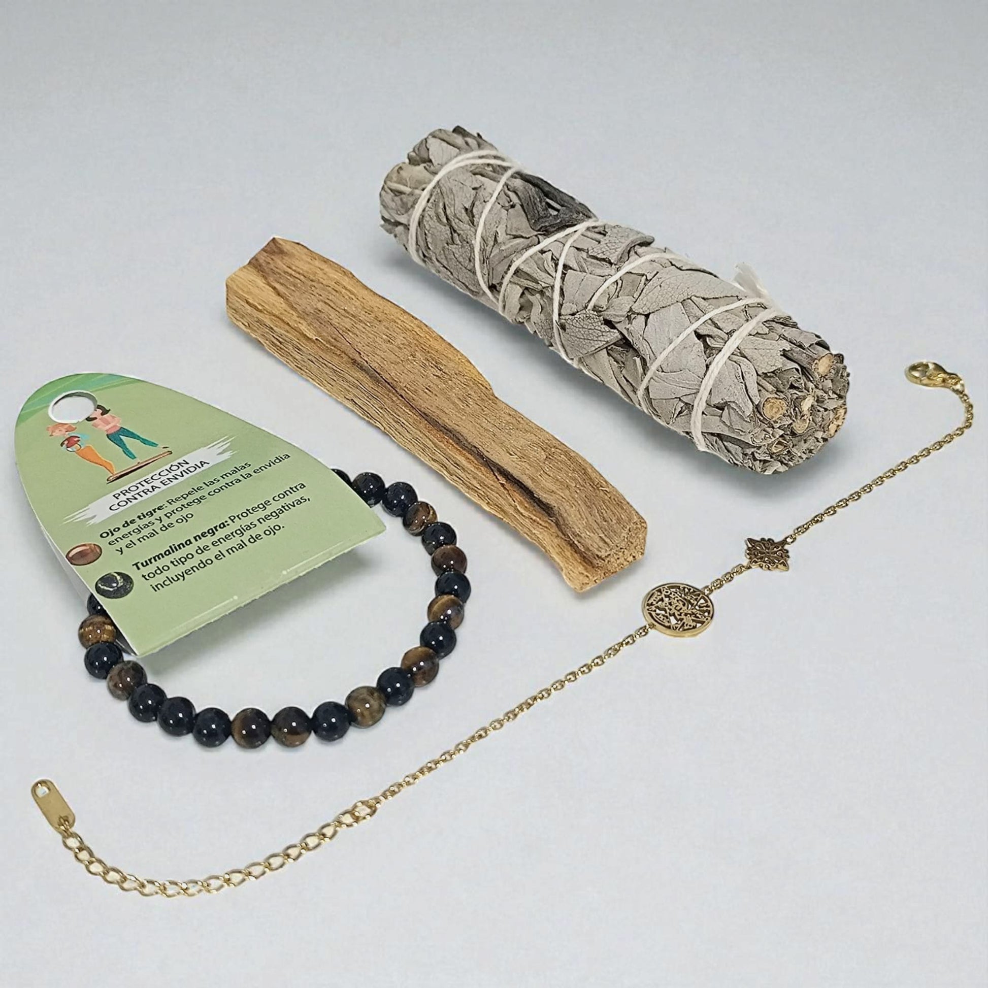 Kit Proteccion Contra Envidias ( Una Pulsera Proteccion Contra Envidia, 1 Palo Santo,1 Atado Salvia Y Pulsera Doble Proteccion ) TODOMINERAL