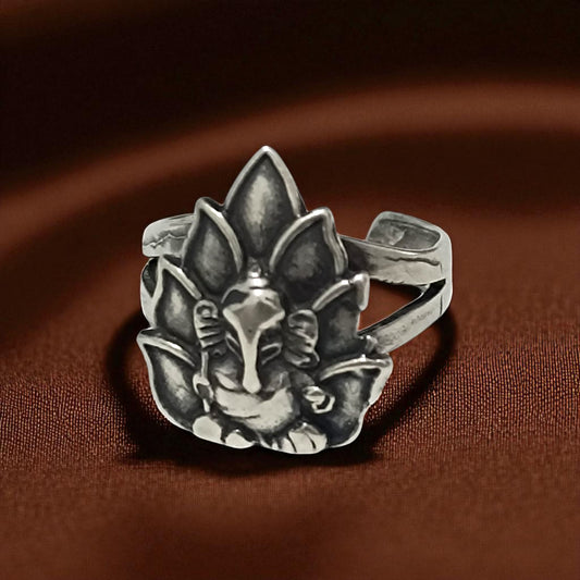 Anillo Adaptable Plata 925 Flor De Lotto Con Ganesha TODOMINERAL