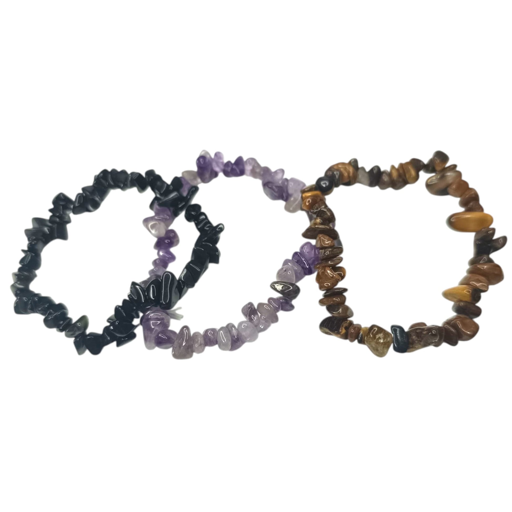 3 Pulsera Elástica Chip Paz Protectora: Combina Amatista ,Obsidiana Y Ojo de tigre. PULSERAS MINERALES