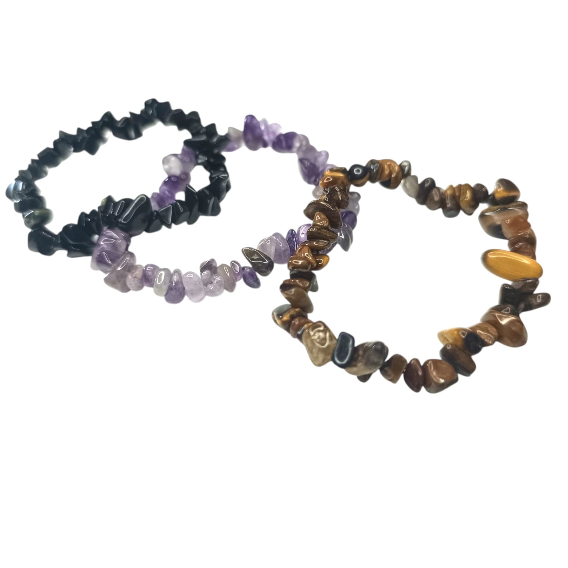 3 Pulsera Elástica Chip Paz Protectora: Combina Amatista ,Obsidiana Y Ojo de tigre. PULSERAS MINERALES