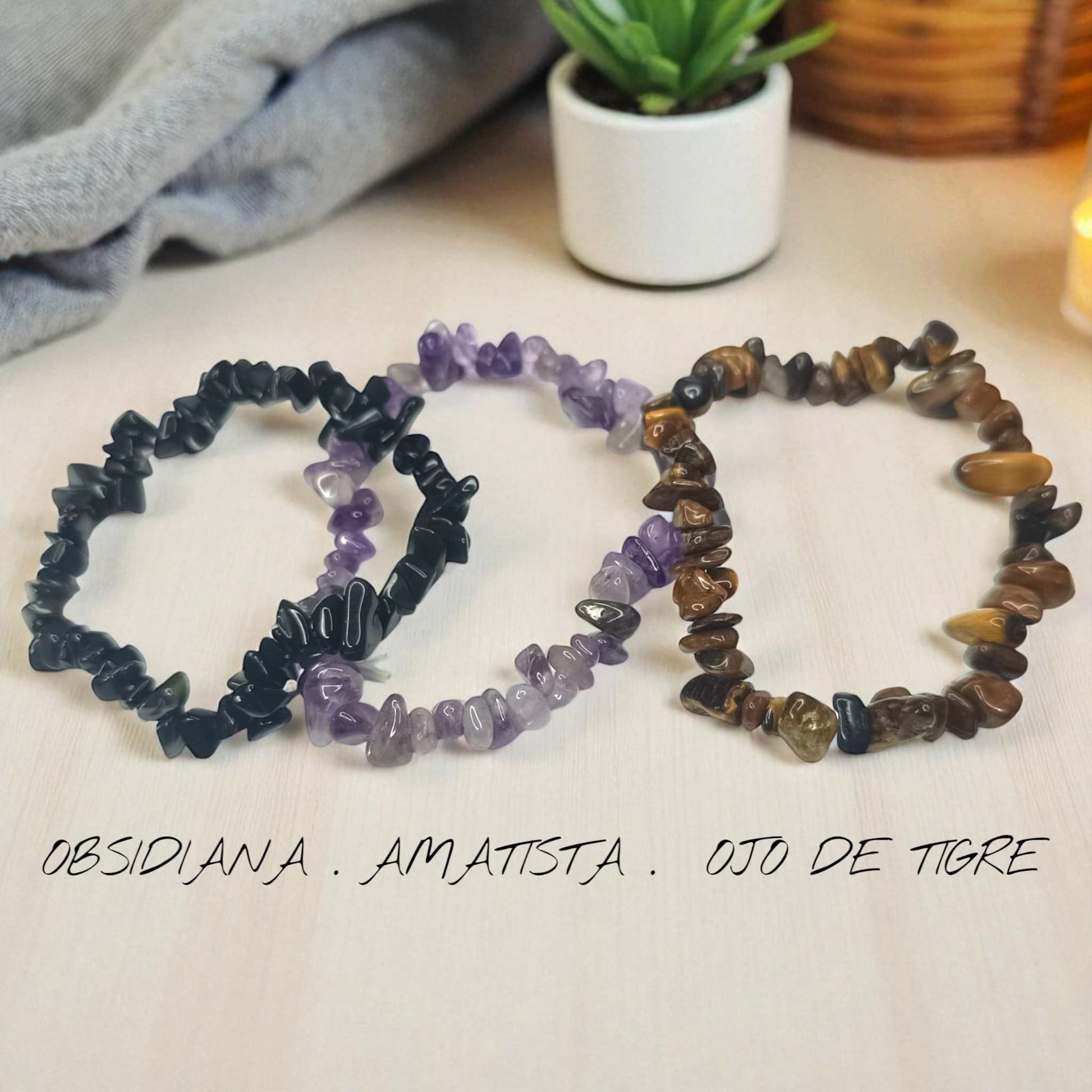 3 Pulsera Elástica Chip Paz Protectora: Combina Amatista ,Obsidiana Y Ojo de tigre. PULSERAS MINERALES