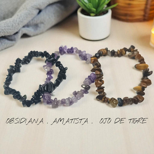 3 Pulsera Elástica Chip Paz Protectora: Combina Amatista ,Obsidiana Y Ojo de tigre. PULSERAS MINERALES