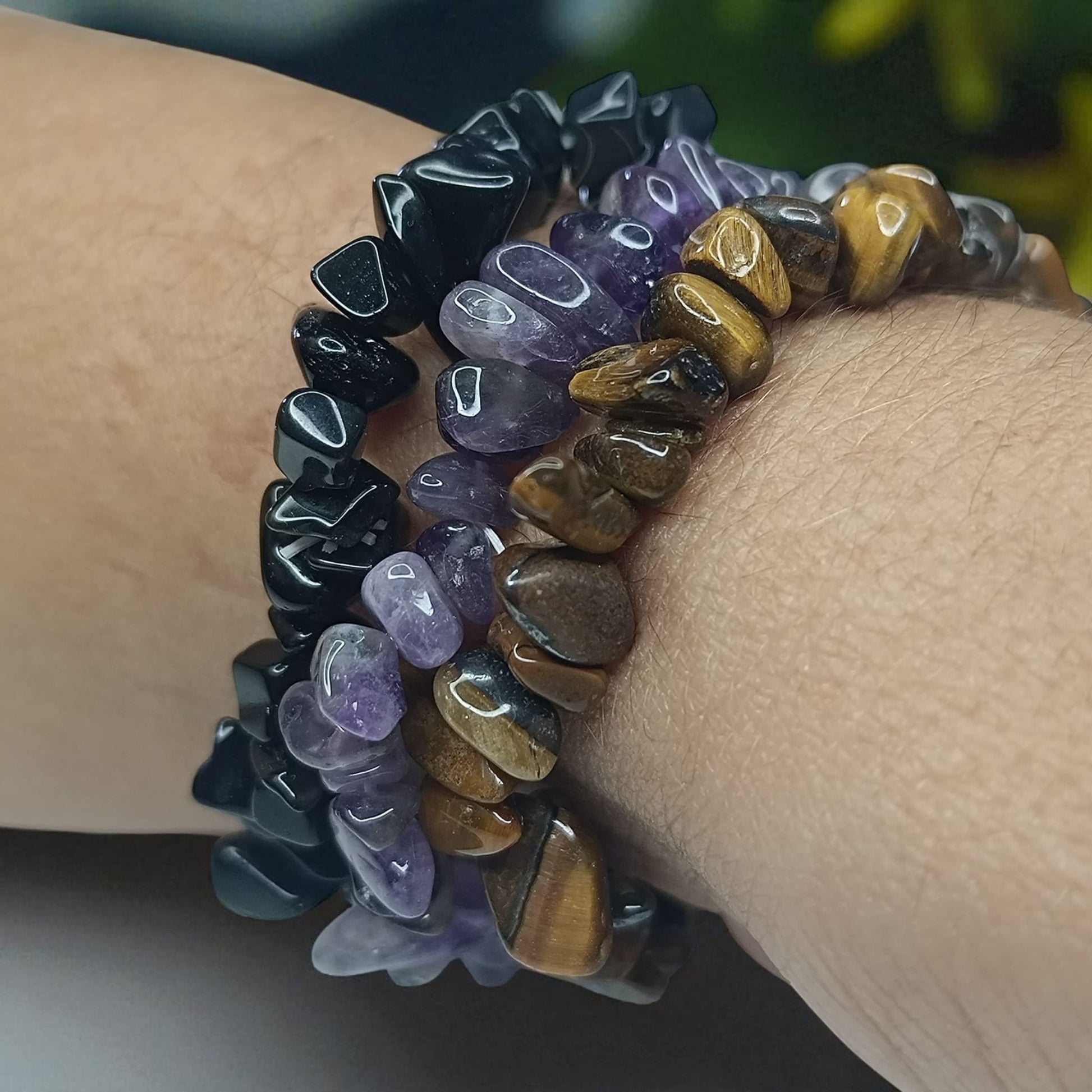 Pack 3 Pulsera Elástica Chip Paz Protectora: Combina Amatista ,Obsidiana Y Ojo de tigre. PULSERAS MINERALES
