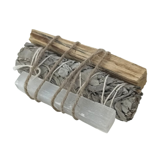 Kit Limpieza Y Proteccion Piedra Natural Selenita Atado Salvia Y 1 Palo Santo TODOMINERAL