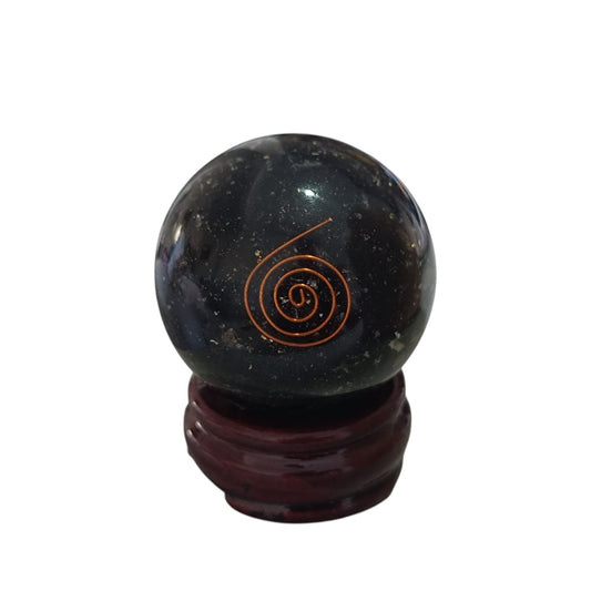 Esfera Orgonita Con Turmalina 6,5 Cms Con Peana De Madera ESFERA MINERAL