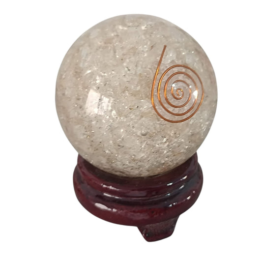 Esfera Orgonita Con Cuarzo En Su Interior 8 Cms Con Peana De Madera ESFERA MINERAL