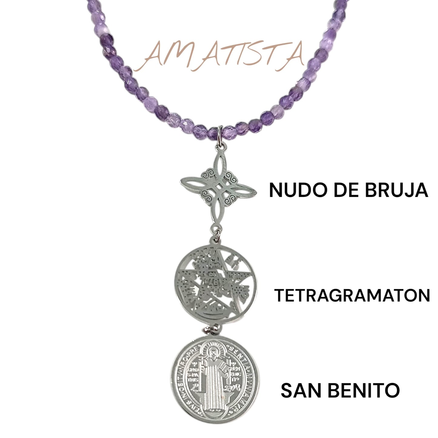 Collar 40+5 Cms Piedra Natural Facetada Con Cierre Acero Y Colgante Triple Proteccion TODOMINERAL