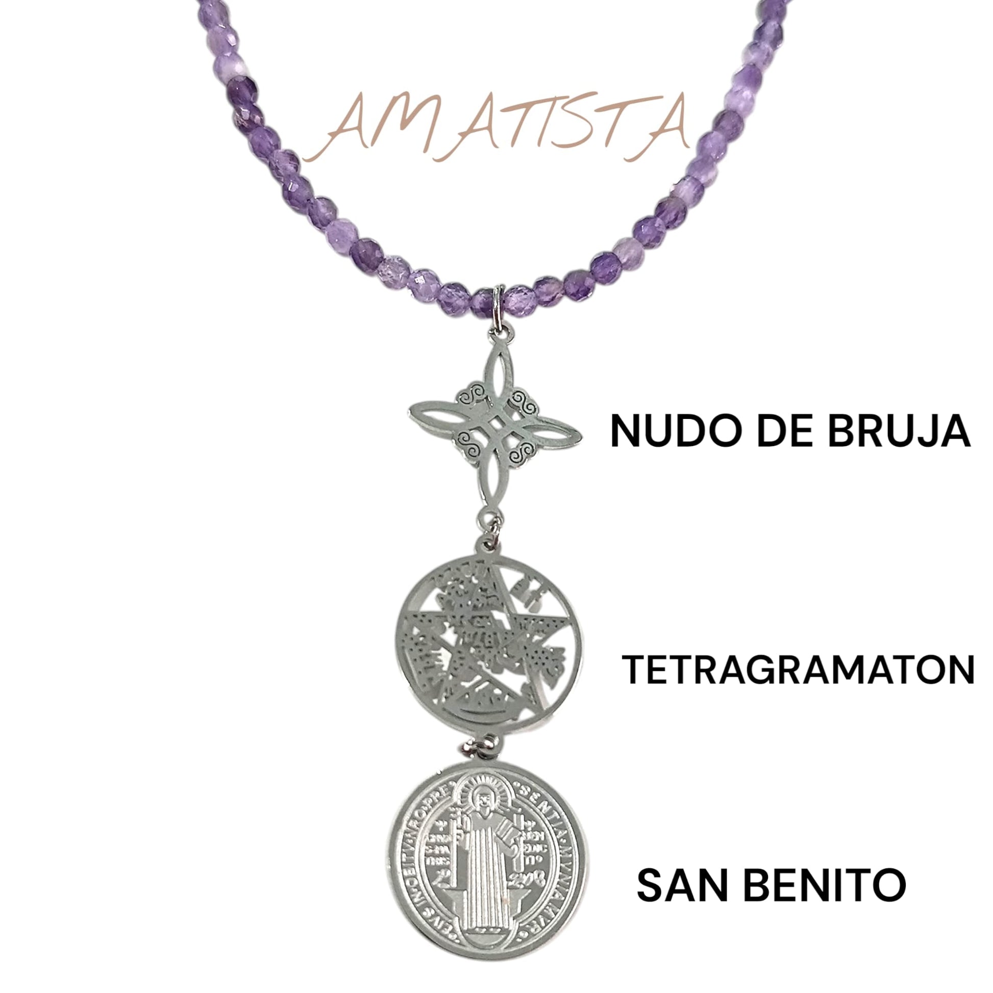 Collar 40+5 Cms Piedra Natural Facetada Con Cierre Acero Y Colgante Triple Proteccion TODOMINERAL