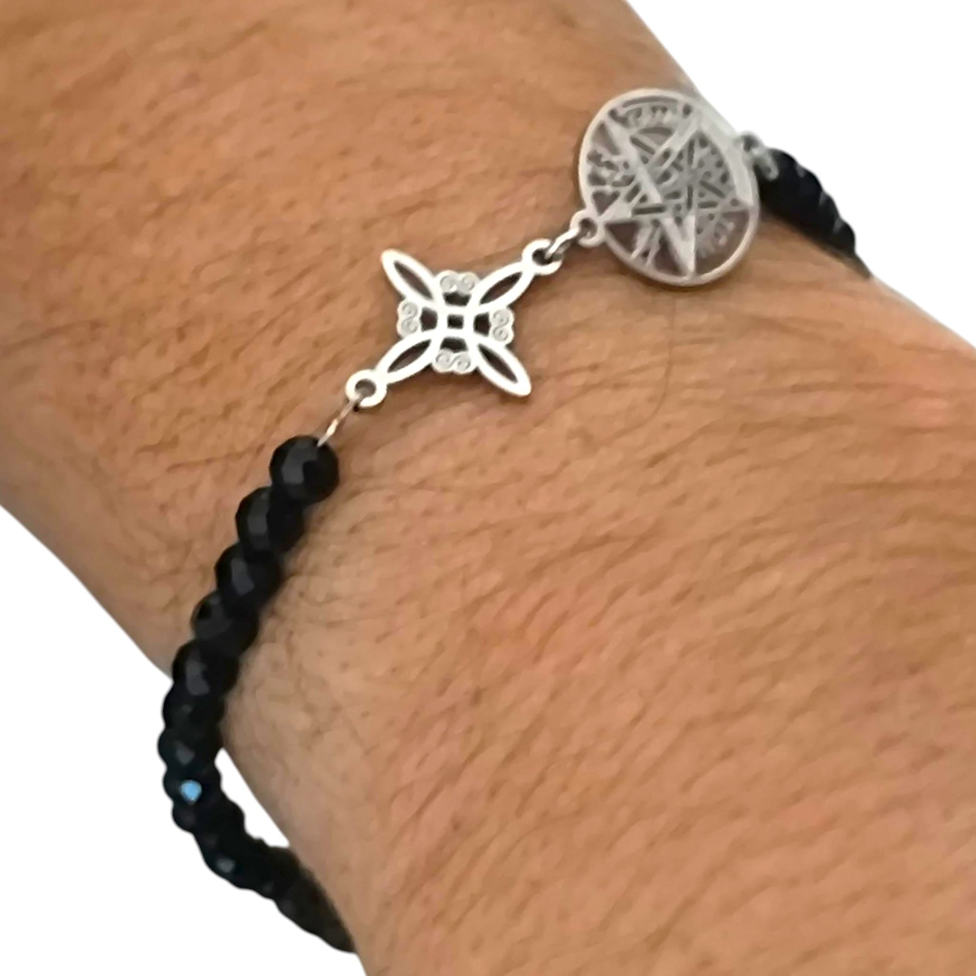 Pulsera Acero Doble Protección Tetragramaton Nudo De Bruja Y Piedra Turmalina Facetada PULSERA ACERO