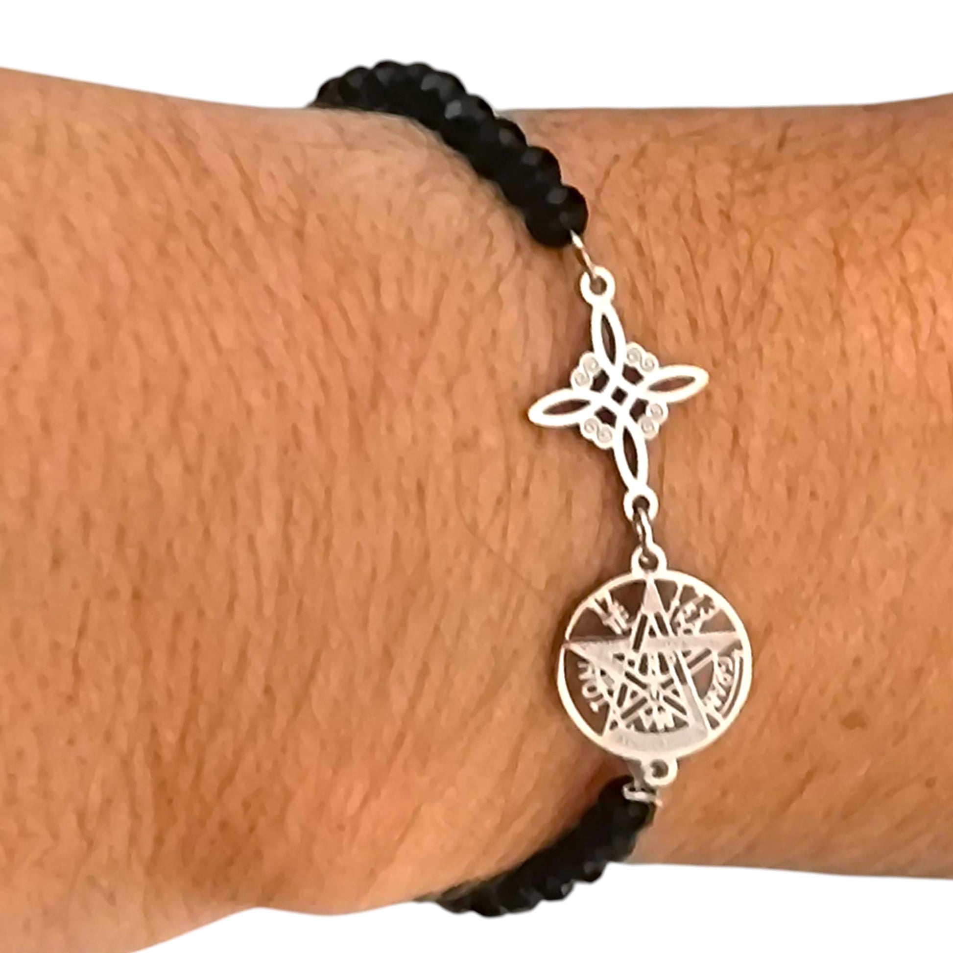 Pulsera Acero Doble Protección Tetragramaton Nudo De Bruja Y Piedra Turmalina Facetada PULSERA ACERO