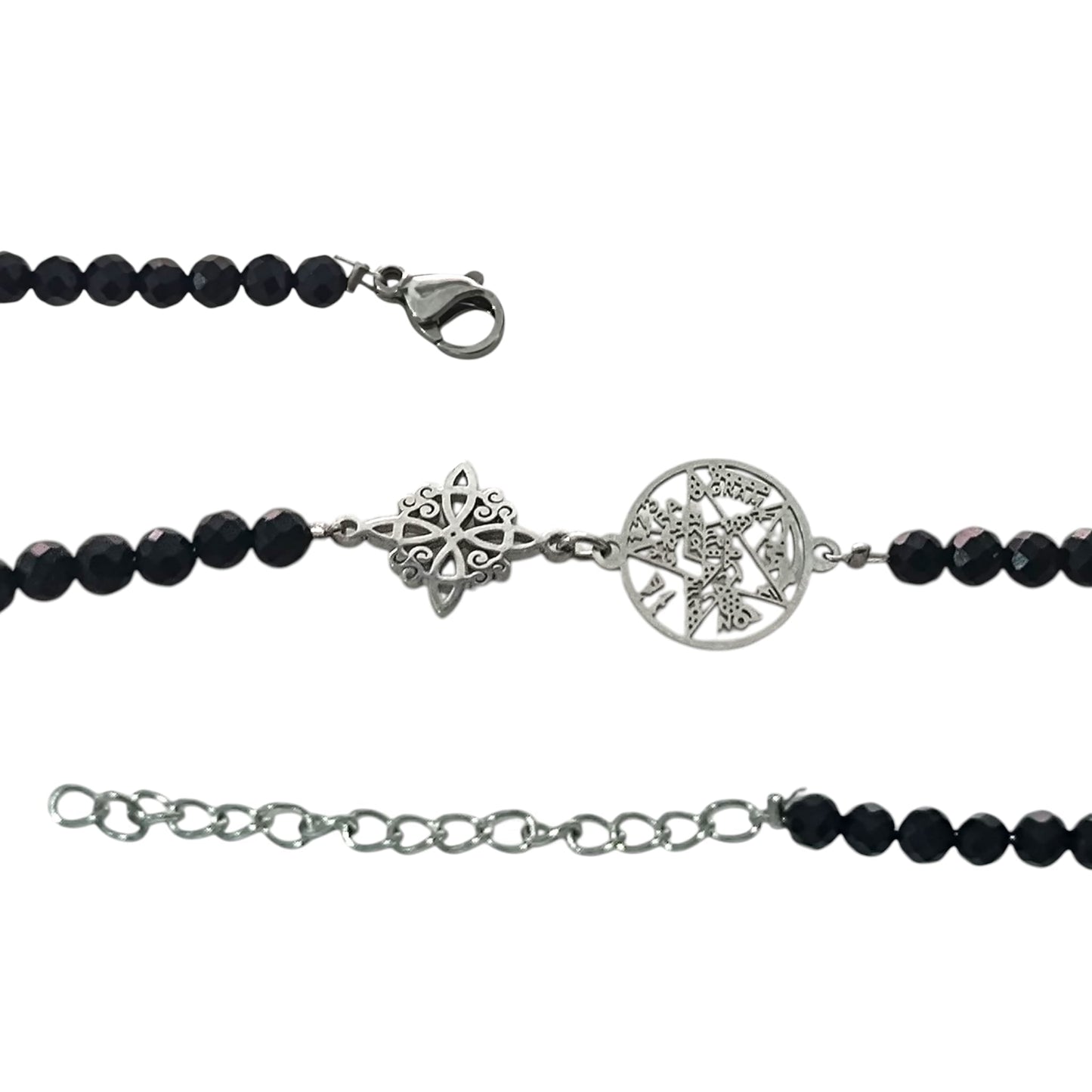 Pulsera Acero Doble Protección Tetragramaton Nudo De Bruja Y Piedra Turmalina Facetada PULSERA ACERO