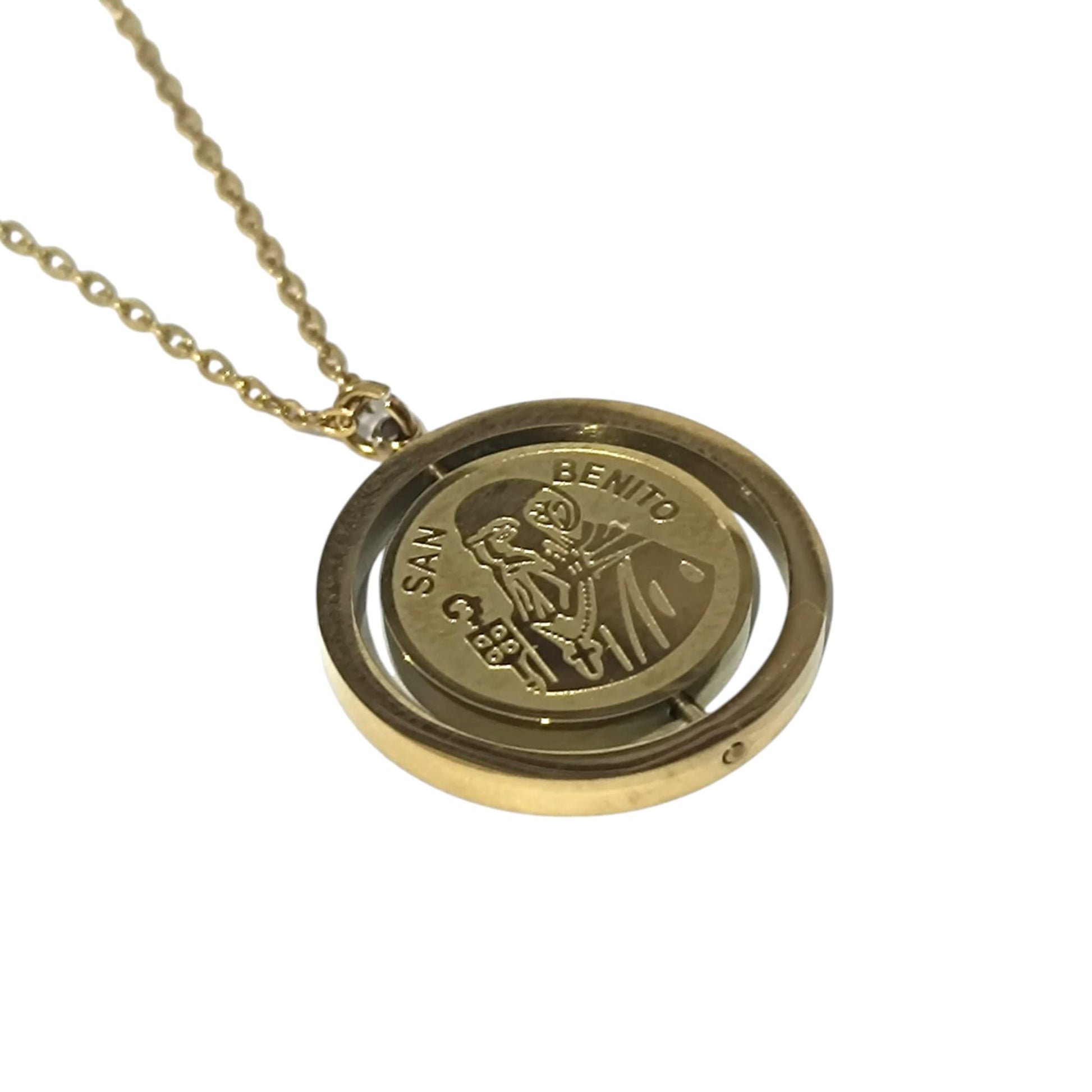 Collar Giratorio Doble Cara San Benito Y Medalla En Acero Inoxidable Con Cadena 45Cms DISPONIBLE EN DOS TONOS TODOMINERAL