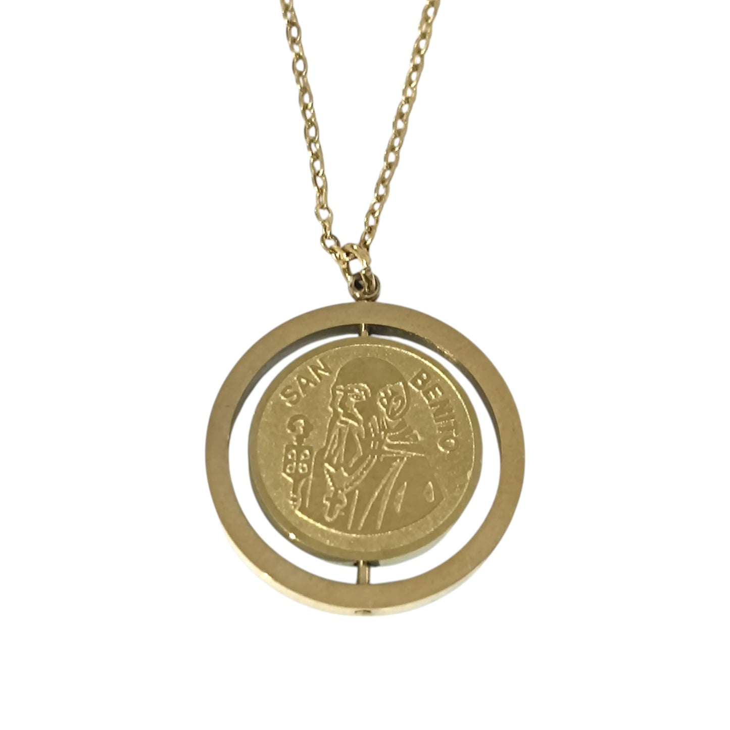 Collar Giratorio Doble Cara San Benito Y Medalla En Acero Inoxidable Con Cadena 45Cms DISPONIBLE EN DOS TONOS TODOMINERAL