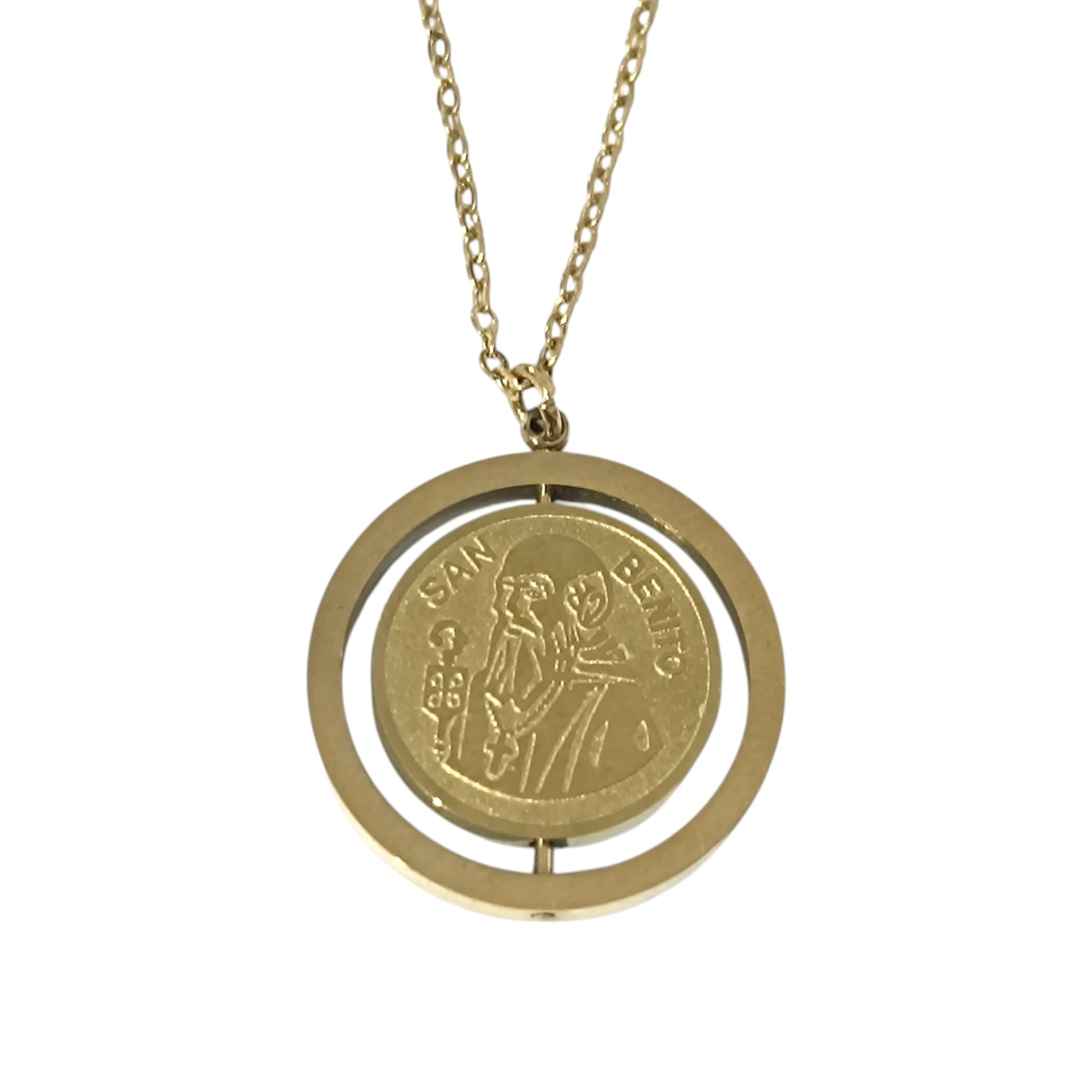 Collar Giratorio Doble Cara San Benito Y Medalla En Acero Inoxidable Con Cadena 45Cms DISPONIBLE EN DOS TONOS TODOMINERAL