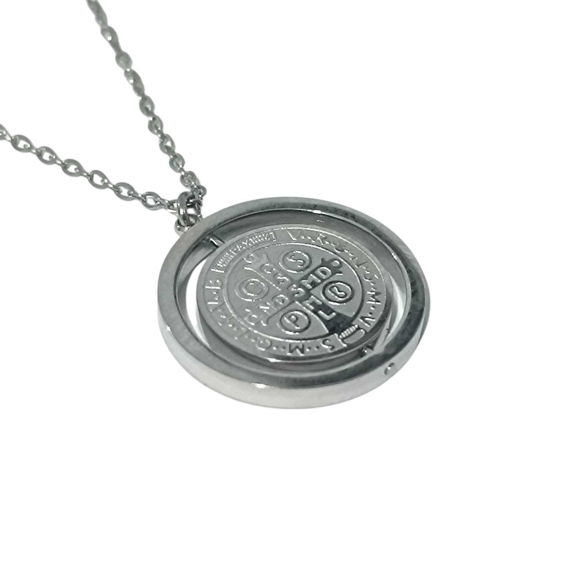 Collar Giratorio Doble Cara San Benito Y Medalla En Acero Inoxidable Con Cadena 45Cms DISPONIBLE EN DOS TONOS TODOMINERAL