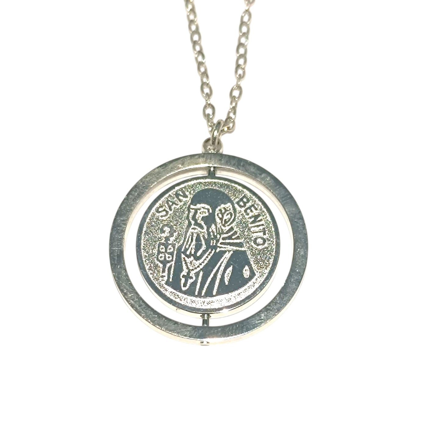 Collar Giratorio Doble Cara San Benito Y Medalla En Acero Inoxidable Con Cadena 45Cms DISPONIBLE EN DOS TONOS TODOMINERAL