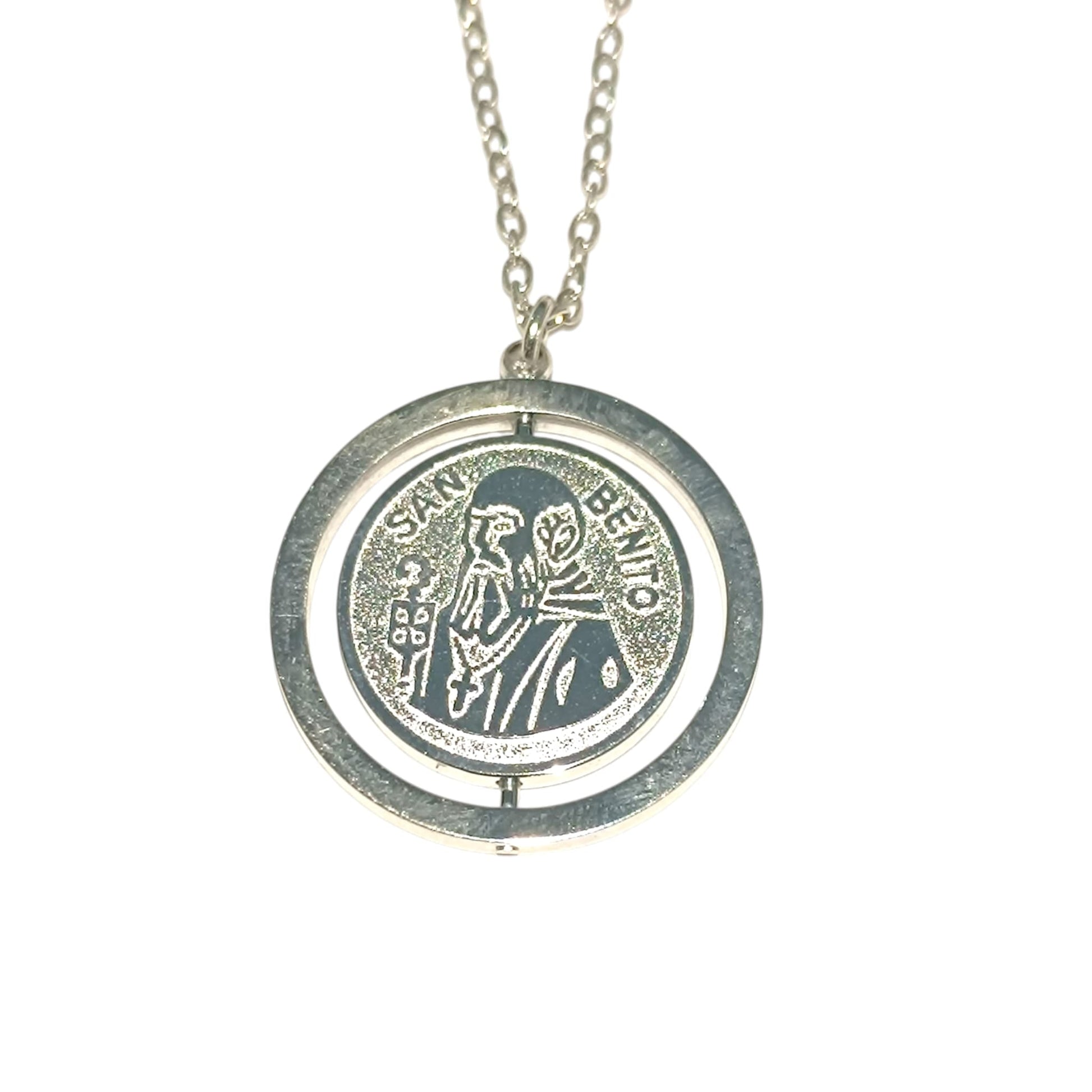 Collar Giratorio Doble Cara San Benito Y Medalla En Acero Inoxidable Con Cadena 45Cms DISPONIBLE EN DOS TONOS TODOMINERAL