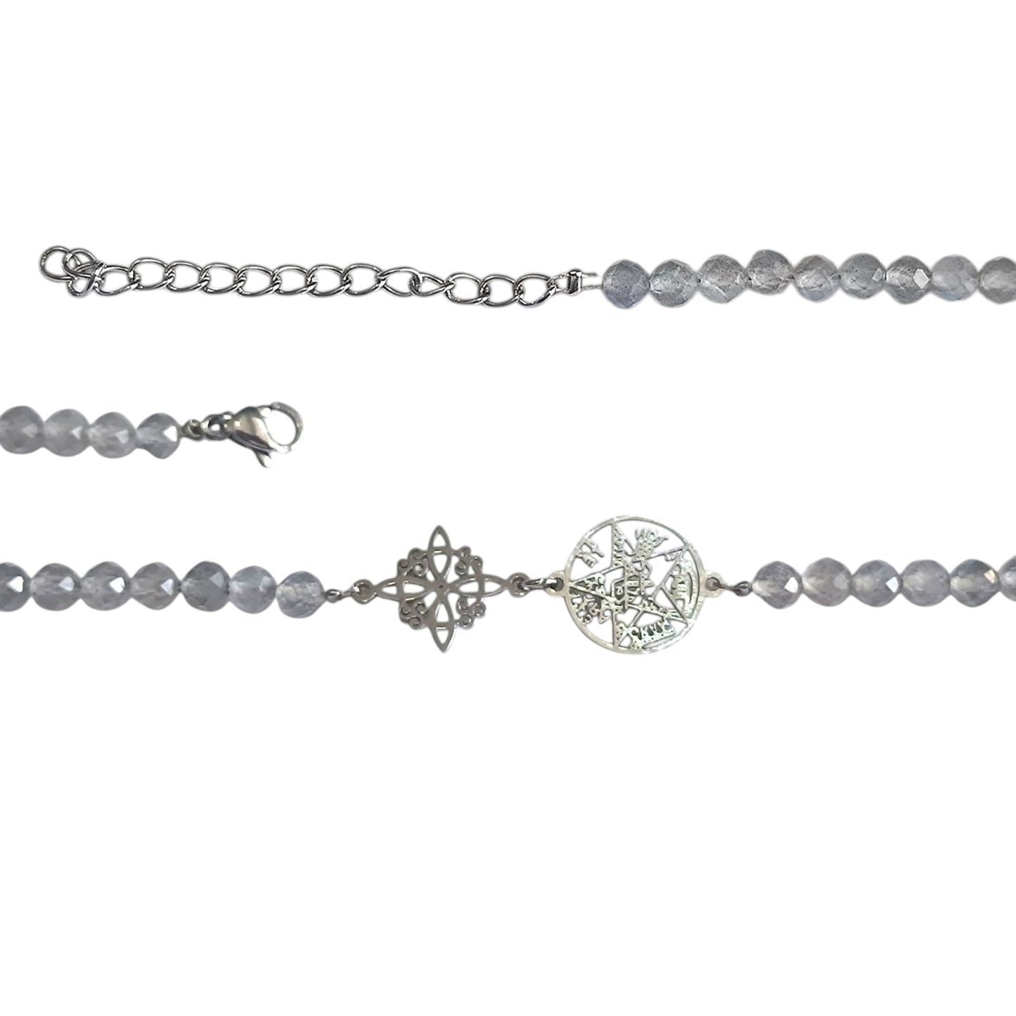 Pulsera Acero Doble Protección Tetragramaton Nudo De Bruja Y Piedra Natural Facetada ELIGE TU MINERAL Y MODELO PULSERA ACERO