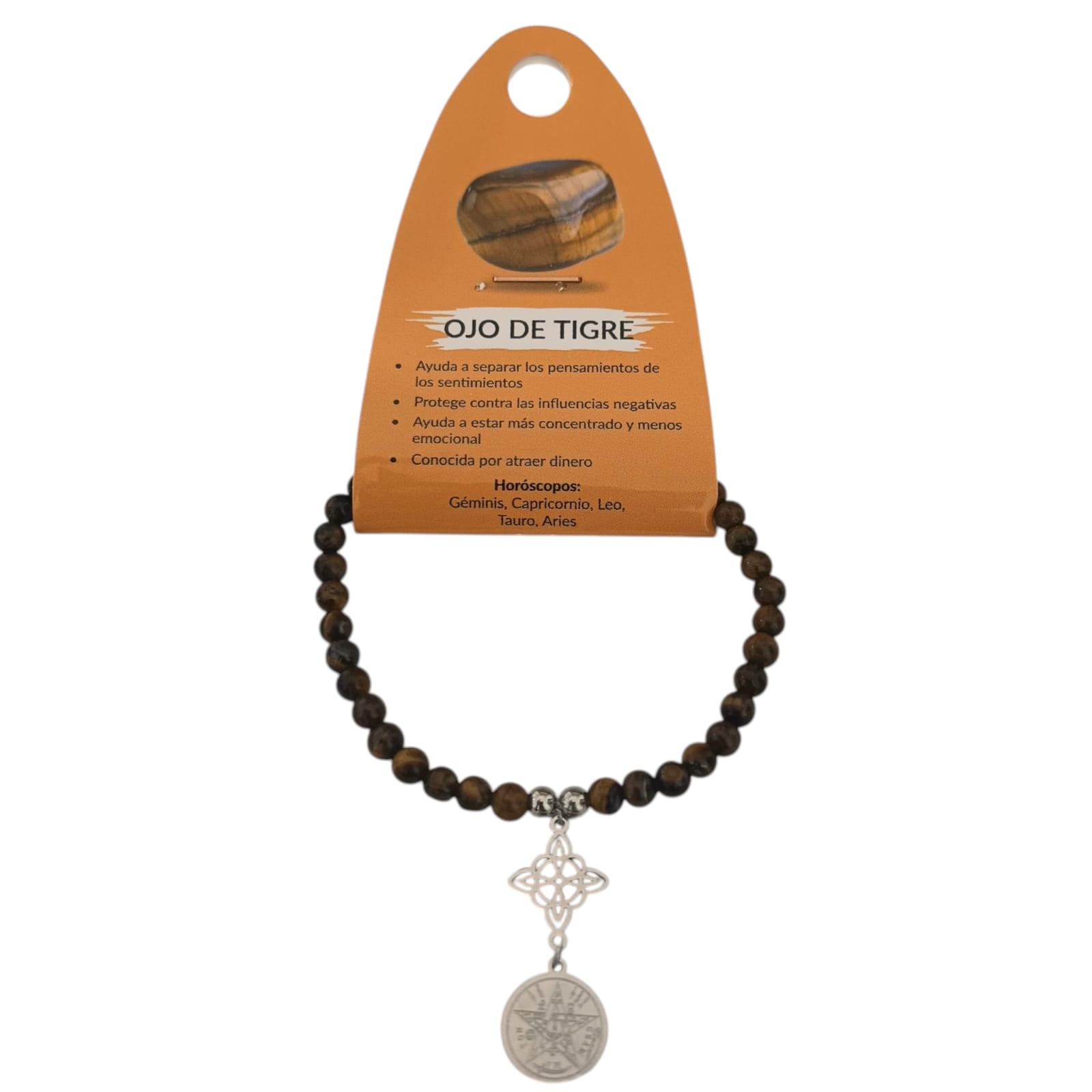 Pulsera Elastica 4MM Piedra Natural Y Dije Doble Proteccion Nudo De Bruja Y Tetragramaton ELIGE TU MINERAL PULSERAS MINERALES