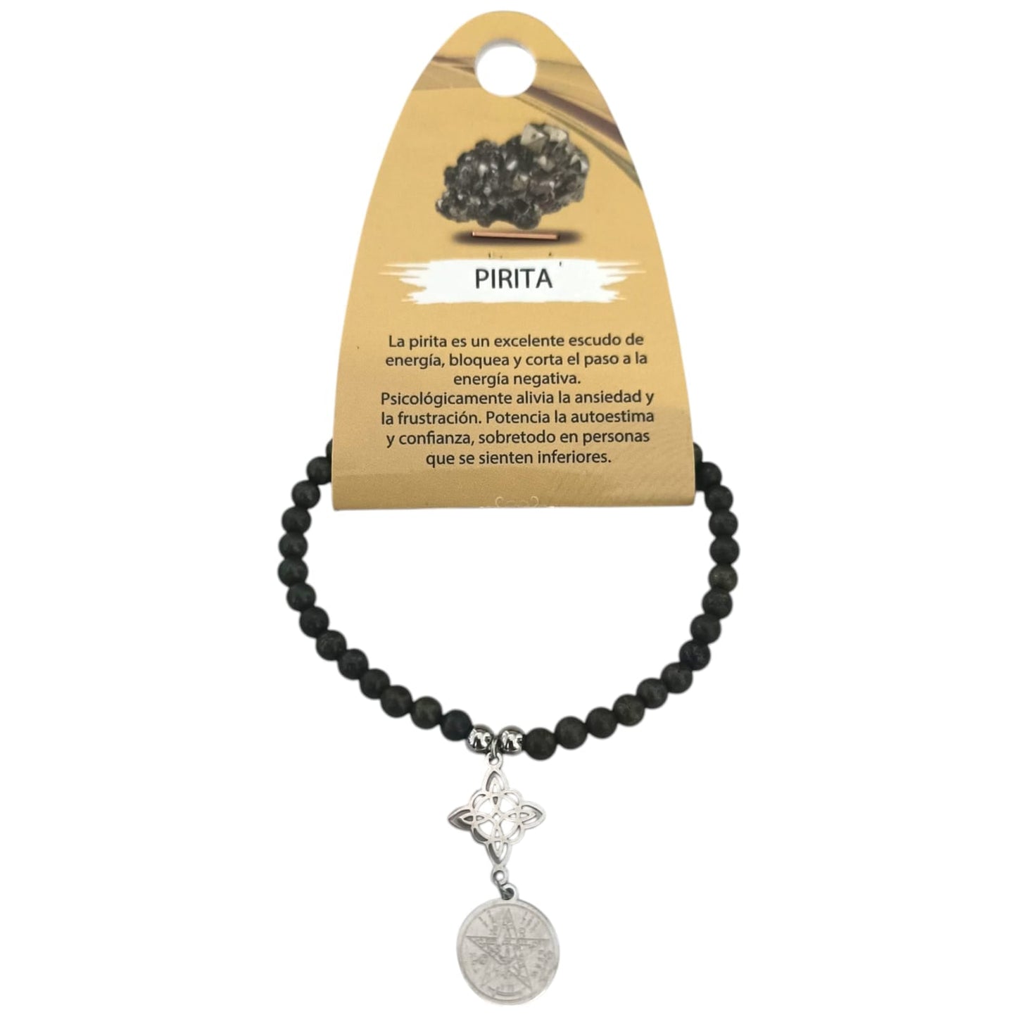 Pulsera Elastica 4MM Piedra Natural Y Dije Doble Proteccion Nudo De Bruja Y Tetragramaton ELIGE TU MINERAL PULSERAS MINERALES