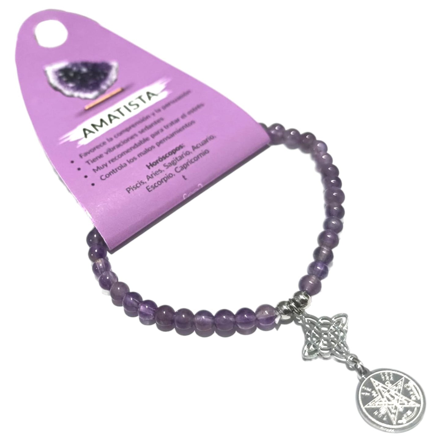 Pulsera Elastica 4MM Piedra Natural Y Dije Doble Proteccion Nudo De Bruja Y Tetragramaton ELIGE TU MINERAL PULSERAS MINERALES