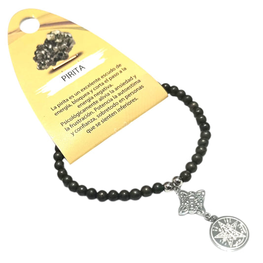 Pulsera Elastica 4MM Piedra Natural Y Dije Doble Proteccion Nudo De Bruja Y Tetragramaton ELIGE TU MINERAL PULSERAS MINERALES