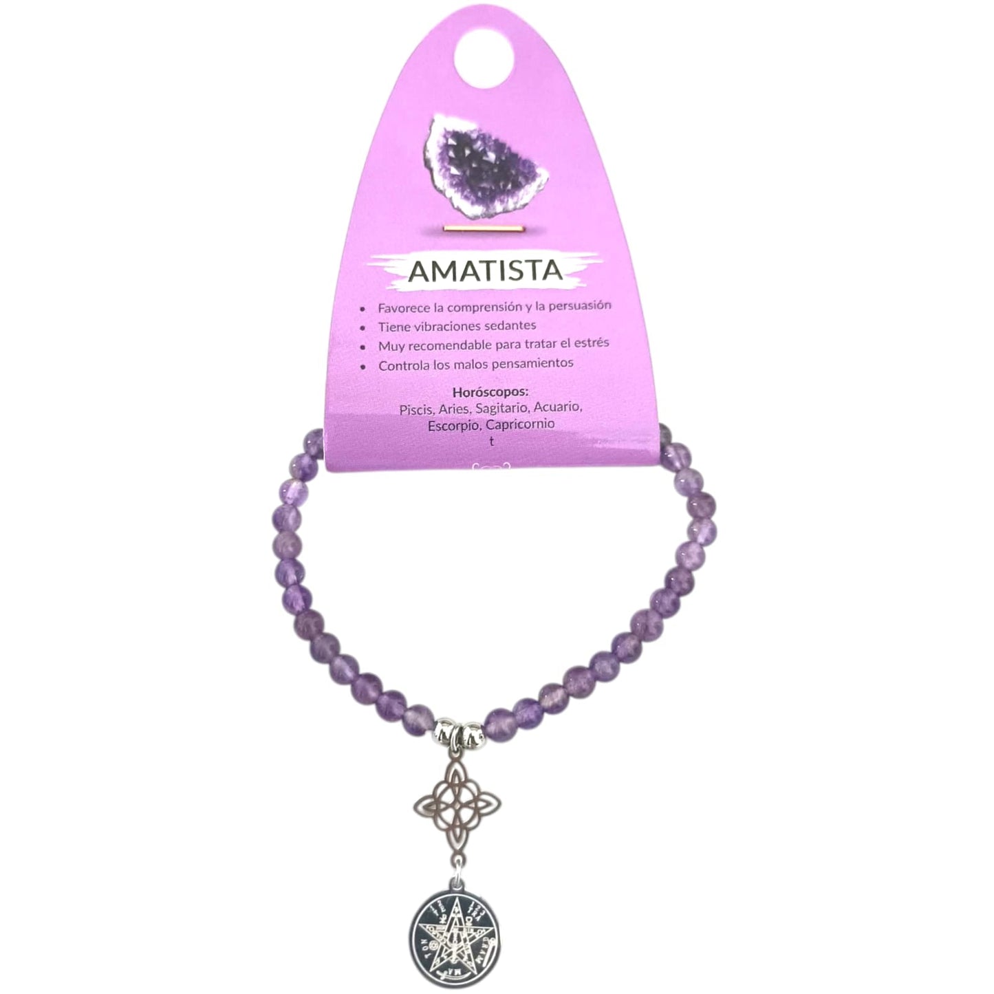 Pulsera Elastica 4MM Piedra Natural Y Dije Doble Proteccion Nudo De Bruja Y Tetragramaton ELIGE TU MINERAL PULSERAS MINERALES