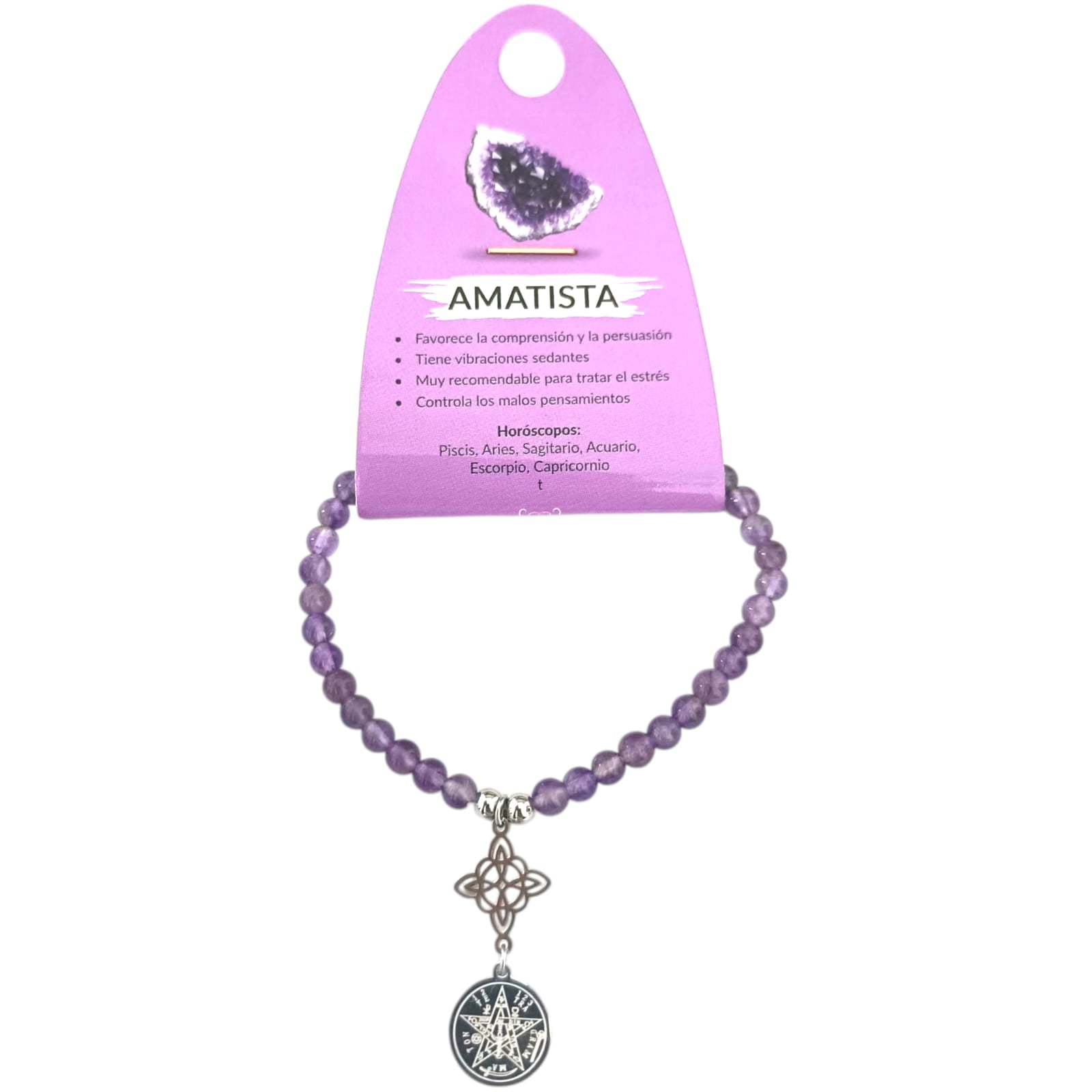 Pulsera Elastica 4MM Piedra Natural Y Dije Doble Proteccion Nudo De Bruja Y Tetragramaton ELIGE TU MINERAL PULSERAS MINERALES