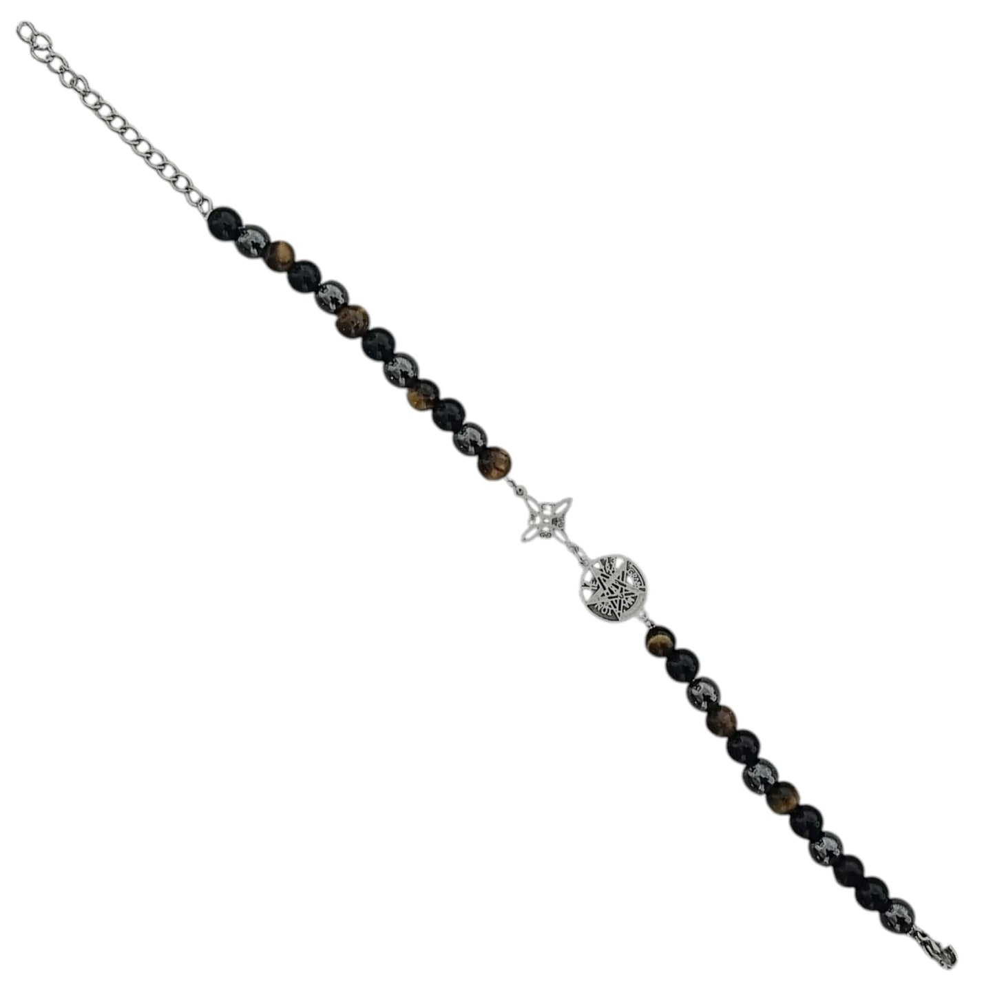 Pulsera Acero 5 Protección Tetragramaton Nudo De Bruja Y Piedra Natural Hematite Obsidiana Y Ojo De Tigre 6mm PULSERA ACERO