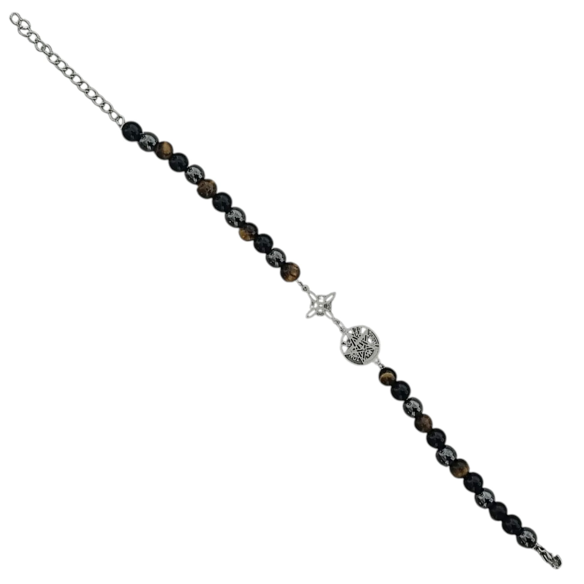 Pulsera Acero 5 Protección Tetragramaton Nudo De Bruja Y Piedra Natural Hematite Obsidiana Y Ojo De Tigre 6mm PULSERA ACERO