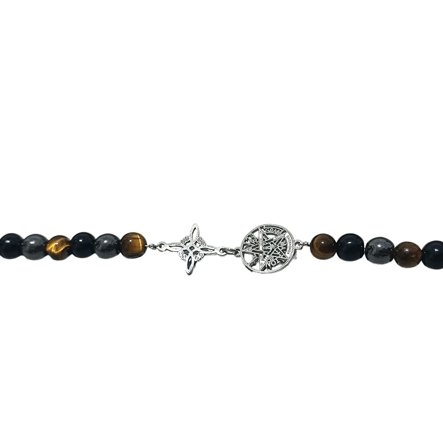 Pulsera Acero 5 Protección Tetragramaton Nudo De Bruja Y Piedra Natural Hematite Obsidiana Y Ojo De Tigre 6mm PULSERA ACERO