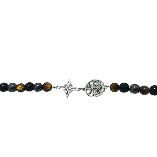 Pulsera Acero 5 Protección Tetragramaton Nudo De Bruja Y Piedra Natural Hematite Obsidiana Y Ojo De Tigre 6mm PULSERA ACERO