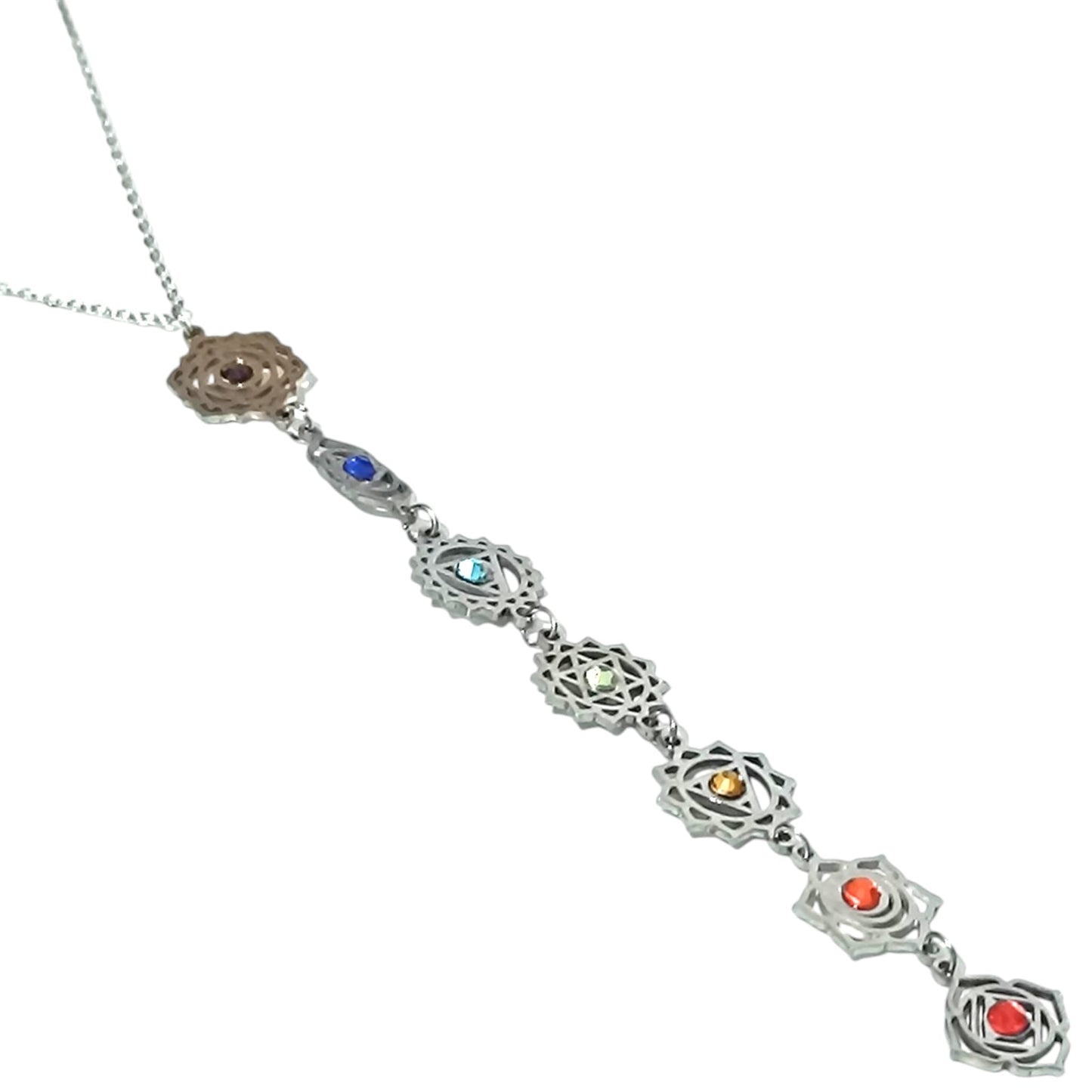 Collar 7 Simbolos Chakras En Acero Con Cadena 45 Cms y Cristales de colores TODOMINERAL