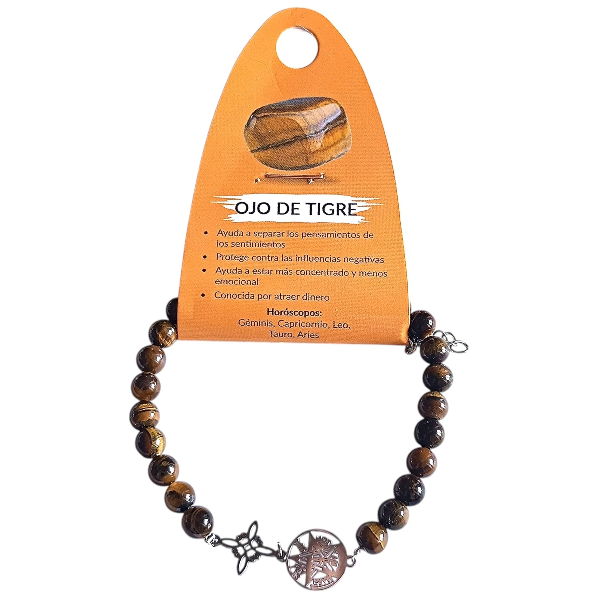 Pulsera Acero 5 Protección Tetragramaton Nudo De Bruja Y Piedra Natural Hematite Obsidiana Y Ojo De Tigre 6 mm PULSERA ACERO