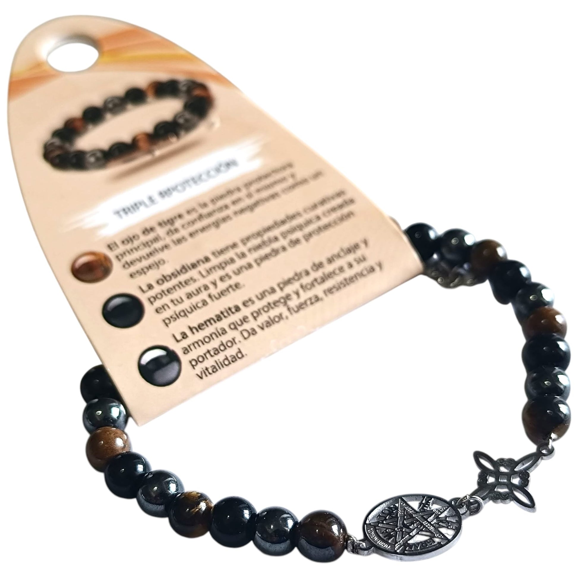 Pulsera Acero 5 Protección Tetragramaton Nudo De Bruja Y Piedra Natural Hematite Obsidiana Y Ojo De Tigre 6 mm PULSERA ACERO