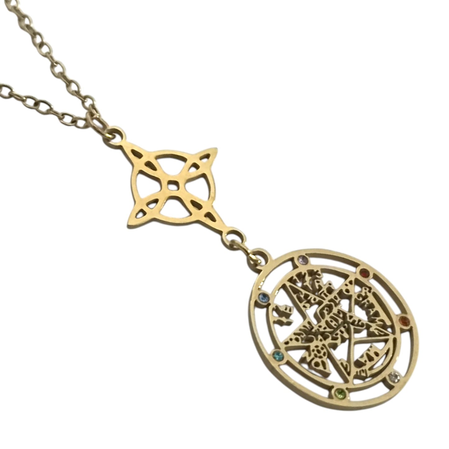Collar Acero Dorado Doble Proteccion Nudo De Brujas Y Tetragramaton Con Circonita Cadena 45 Cms COLGANTE ACERO