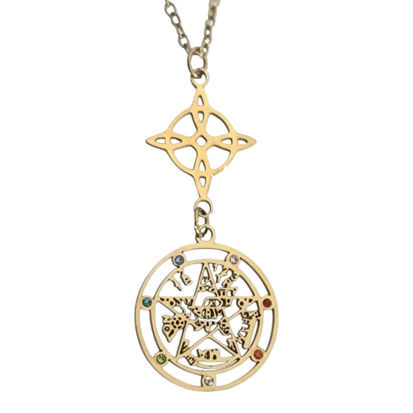 Collar Acero Dorado Doble Proteccion Nudo De Brujas Y Tetragramaton Con Circonita Cadena 45 Cms COLGANTE ACERO