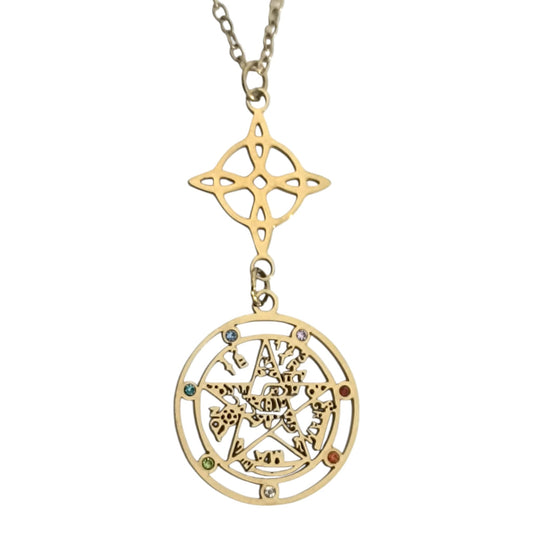 Collar Acero Dorado Doble Proteccion Nudo De Brujas Y Tetragramaton Con Circonita Cadena 45 Cms COLGANTE ACERO