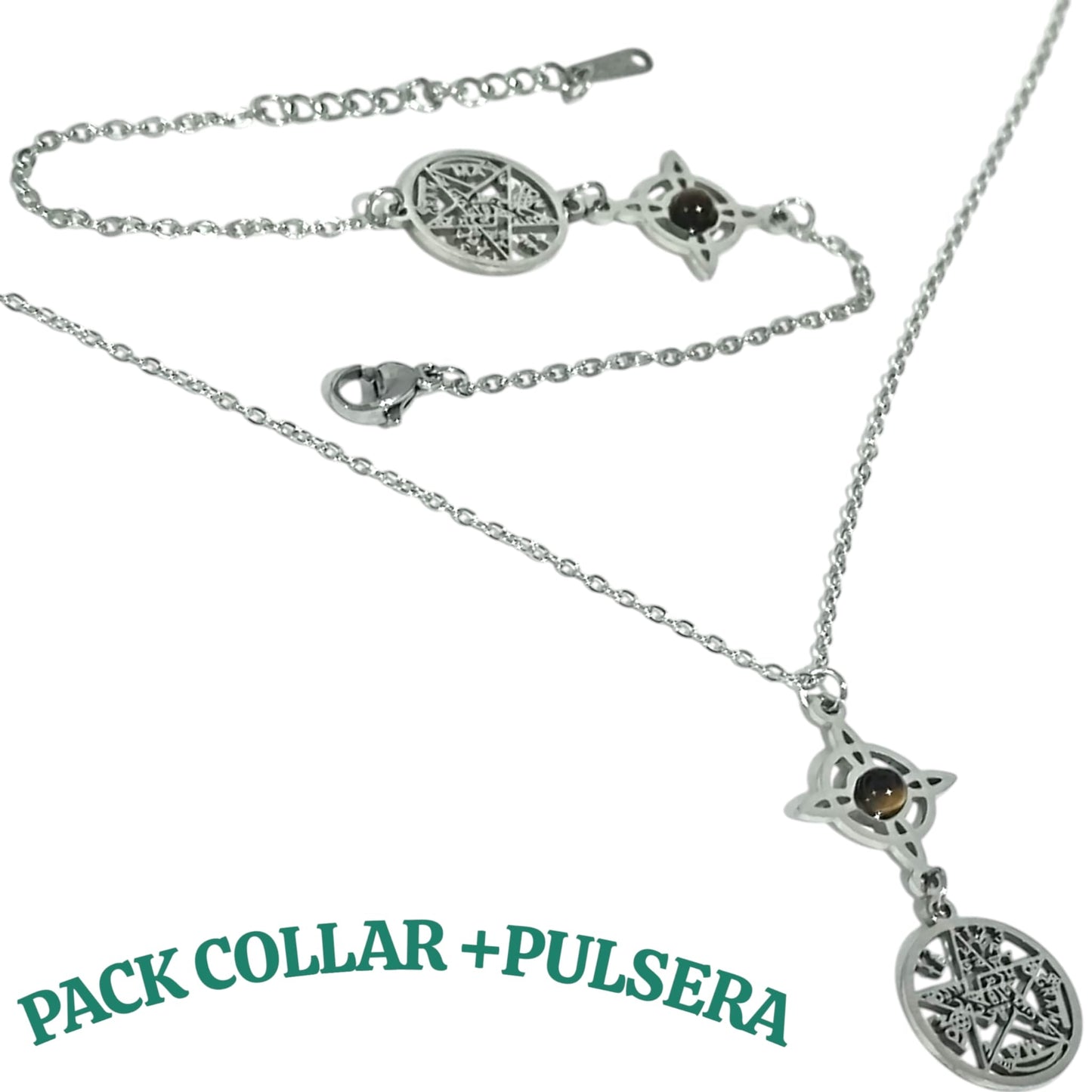 Juego Pulsera + Collar 45 cms Doble Proteccion Nudo De Bruja Tetragramaton Y Piedra Natural Ojo De Tigre TODOMINERAL