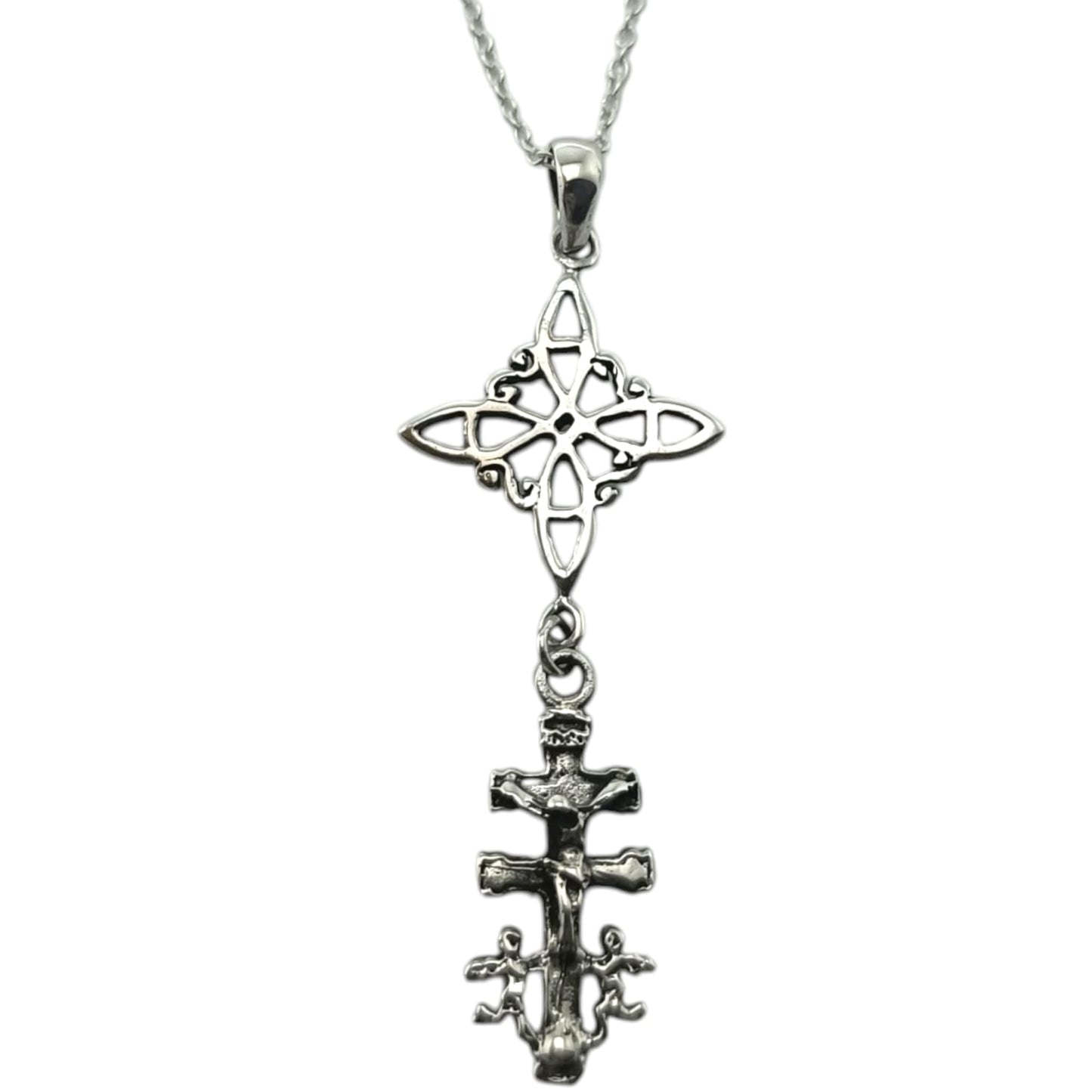 Colgante Doble Proteccion Nudo De Bruja Y Cruz Caravaca Plata 925 45mm TODOMINERAL