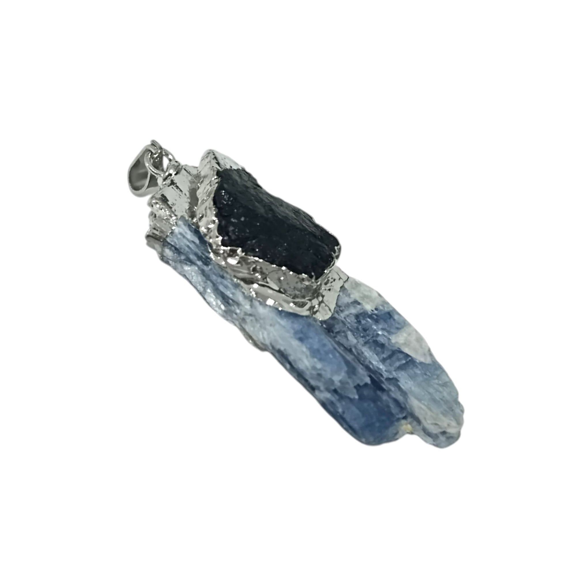 Colgante Con Baño Metal Cianita Azul y Piedra Natural Turmalina Para Proteccion INCLUYE CADENA ACERO (cada pieza es unica y diferente) TODOMINERAL