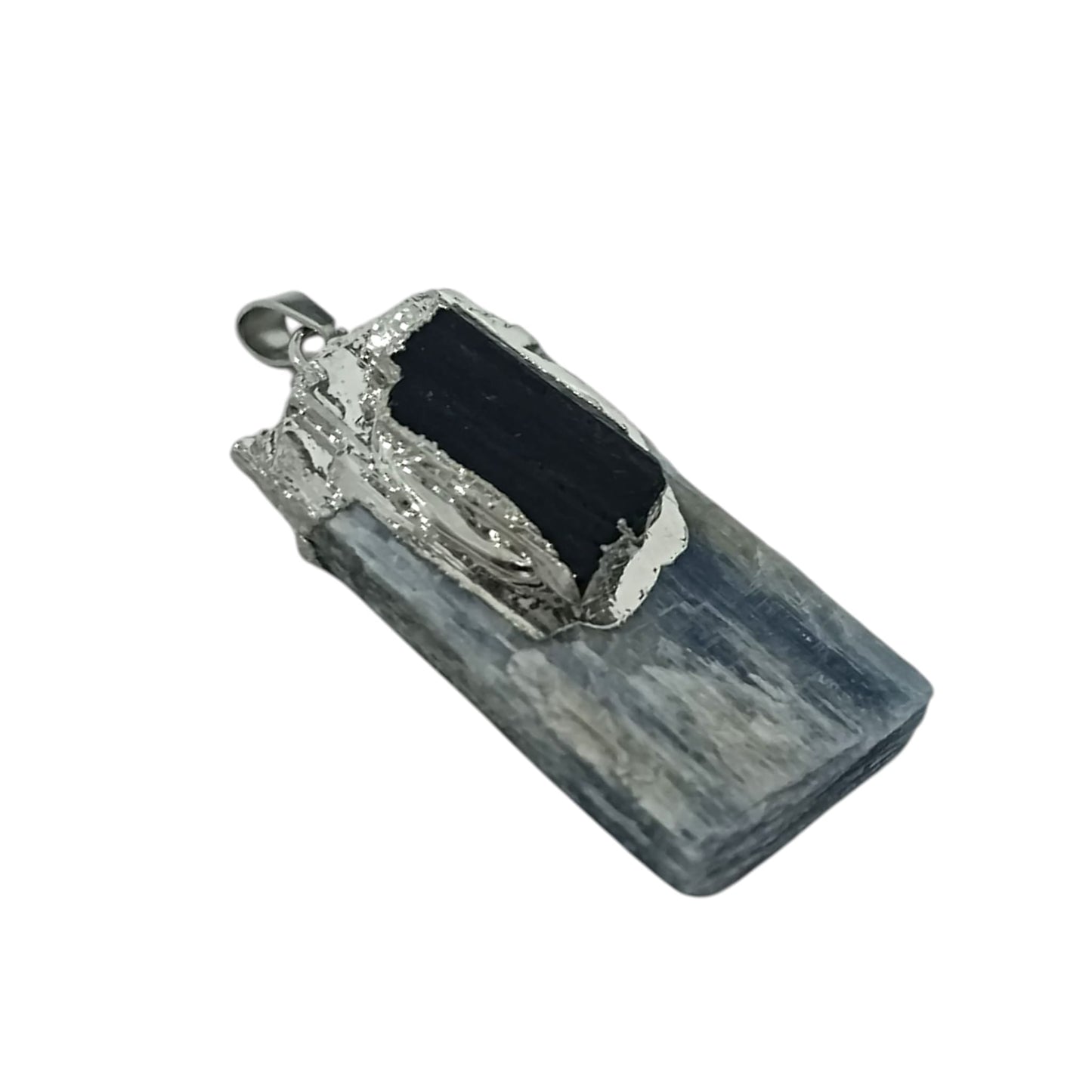 Colgante Con Baño Metal Cianita Azul y Piedra Natural Turmalina Para Proteccion INCLUYE CADENA ACERO (cada pieza es unica y diferente) TODOMINERAL