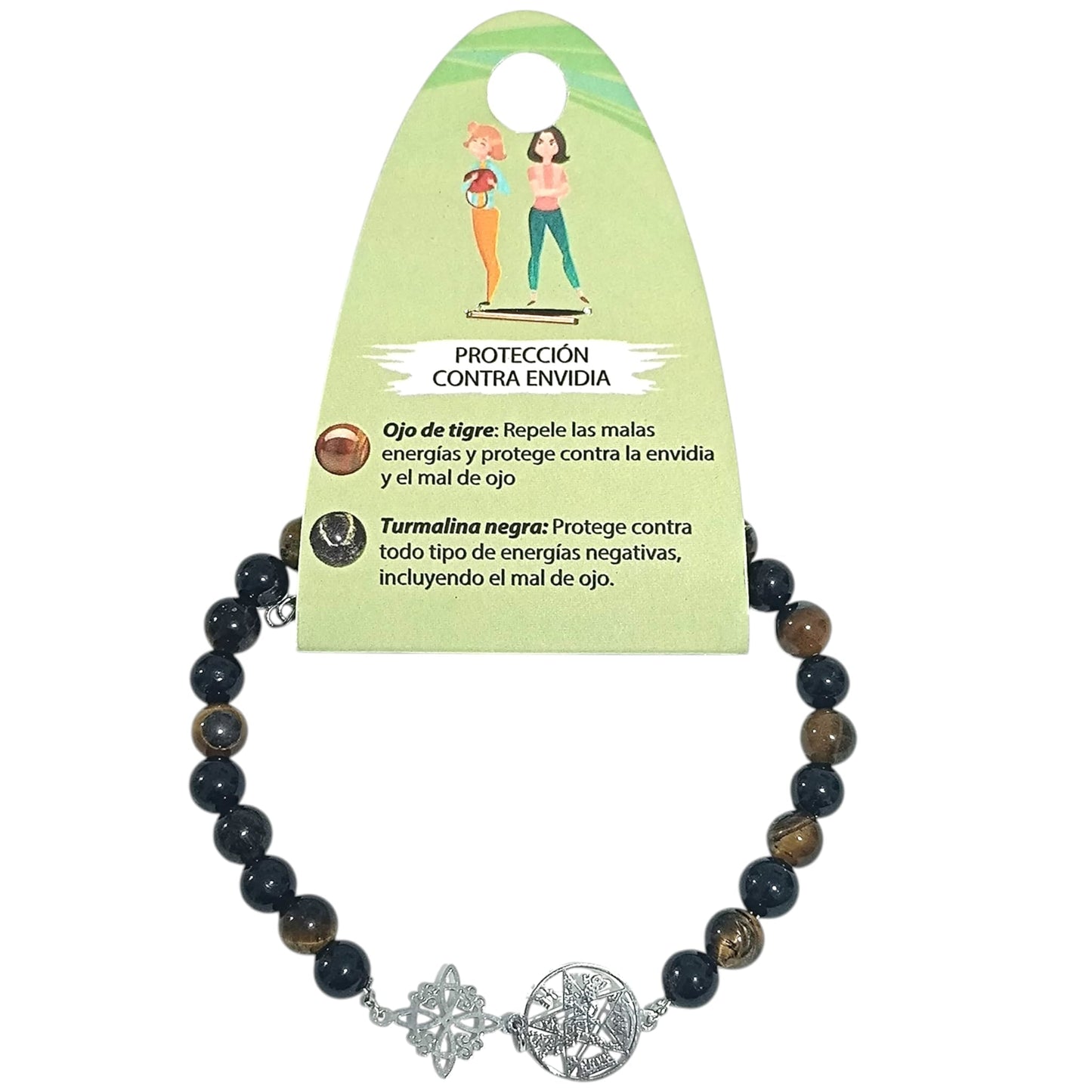 Pulsera Contra Envidia Acero Tetragramaton Nudo De Bruja Y Piedra Natural Turmalina Y Ojo De Tigre 6 mm PULSERA ACERO
