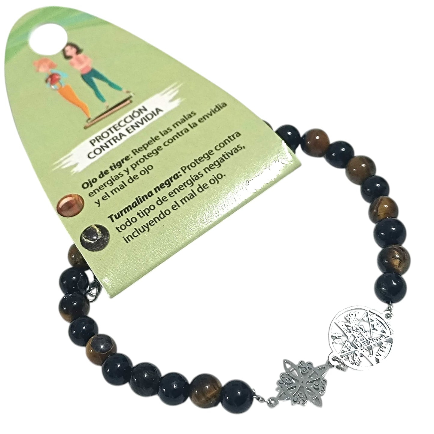 Pulsera Contra Envidia Acero Tetragramaton Nudo De Bruja Y Piedra Natural Turmalina Y Ojo De Tigre 6 mm PULSERA ACERO