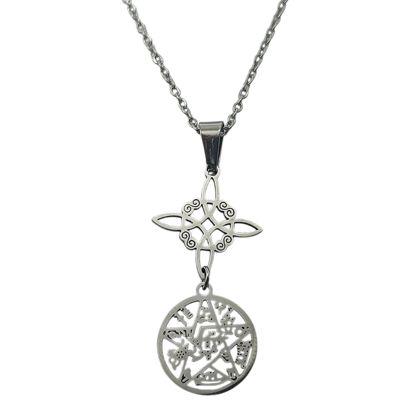 Collar Doble Proteccion Nudo De Bruja Y Tetragramaton Acero Inoxidable Con Cadena 40+5 Cms TODOMINERAL