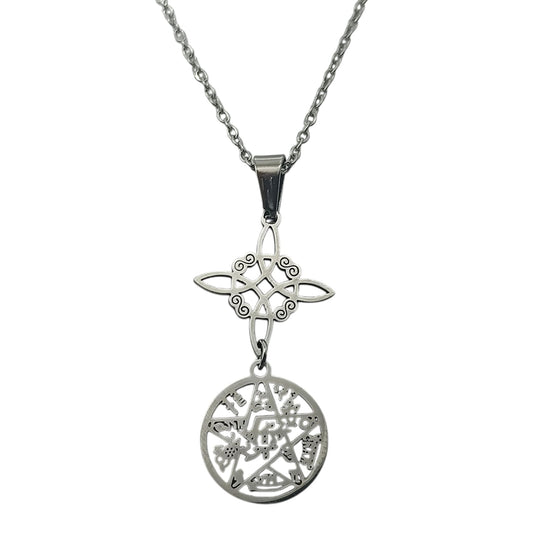 Collar Doble Proteccion Nudo De Bruja Y Tetragramaton Acero Inoxidable Con Cadena 40+5 Cms TODOMINERAL
