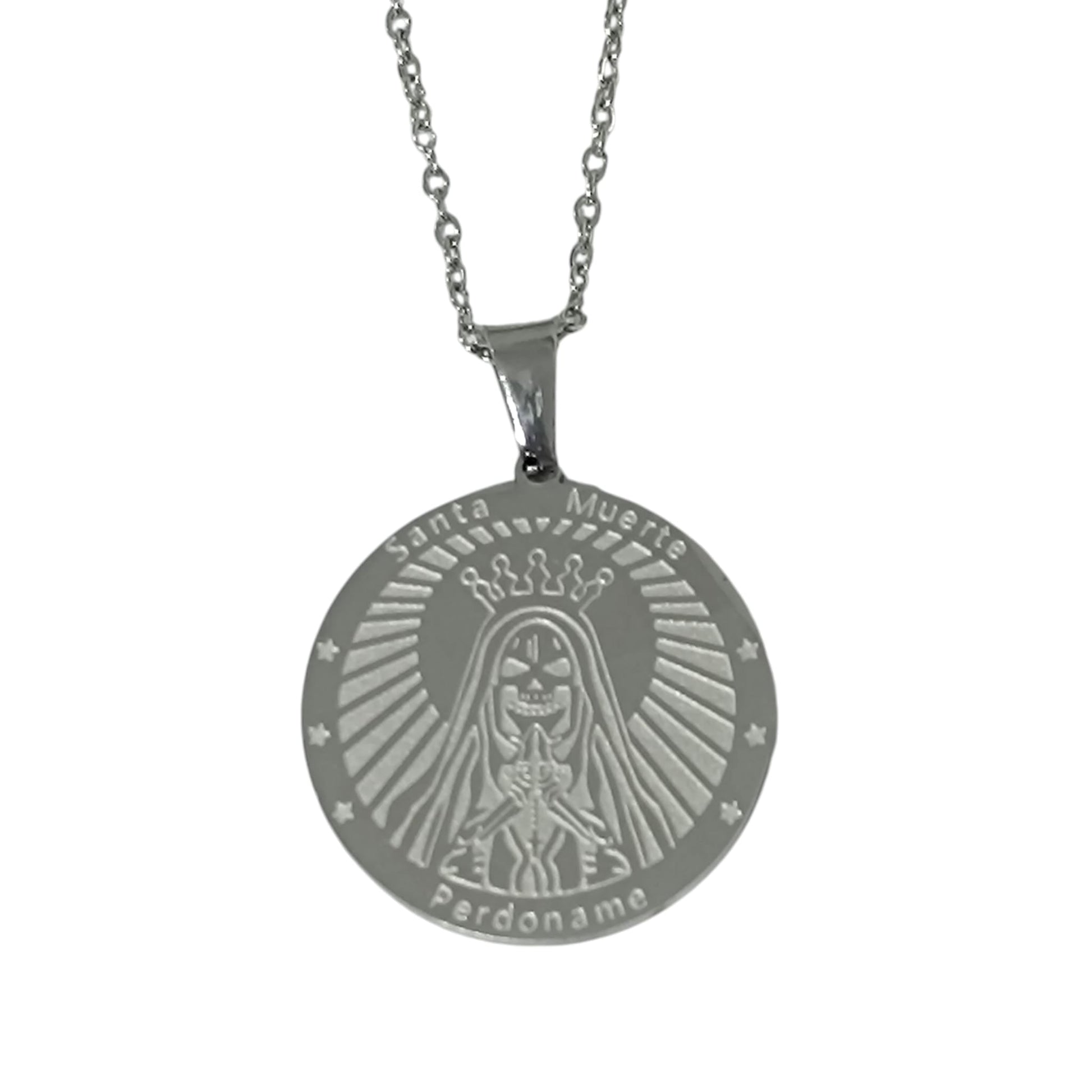 Collar Acero Inoxidable Santa Muerte 25mm Cadena  ELIGE MODELO Y TAMAÑO CADENA TODOMINERAL